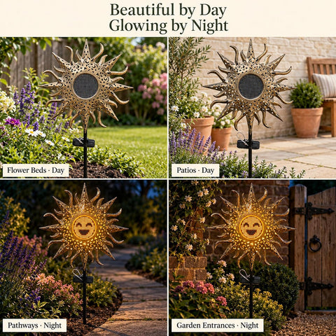 Solar Lights Outdoor Garden,Dynamic Facial Expressions Light Waterproof Sun Shape Garden Ornaments Outdoor for Patio, Yard, Pathway, Birthday Gifts for Women, Mum