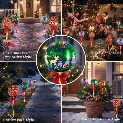 Christmas Pathway Lights Outdoor, 6 pcs Candy Cane Christmas Reindeer Lights with 8 Modes, Outdoor Decorations Light, LED Santa Claus Gift for Yard Path Garden Decor (Red Green - Xmas Ball)