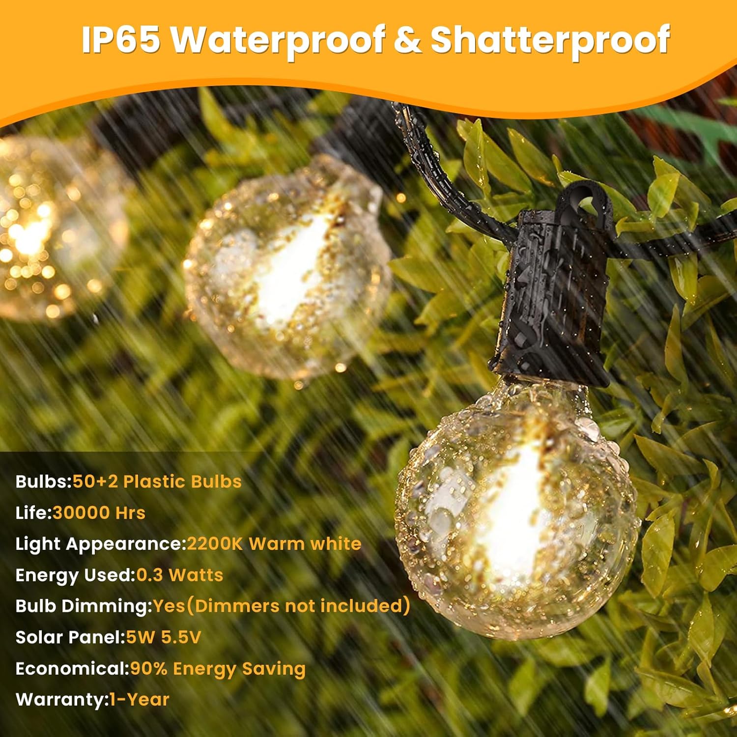 Solar Festoon Lights Outdoor, 30M/100FT Garden String Festoon Lights IP65 Waterproof with 50+2 Globe Shatterproof LED Bulbs, G40 Warm White String Lights for Yard Gazebo Fence Party Roof
