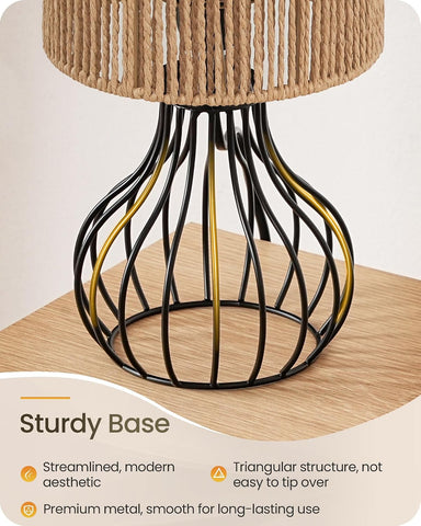 GOEBELSON Bedside Table Lamp – Black Metal Table Lamp with Hand-Woven Paper Rattan Shade, 4W 2700K LED Bulb Included, E27 Bedroom & Desk Lamp