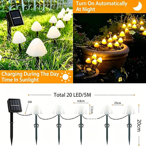 Garden Decorations, 5M 20LED Mushroom Solar Lights Outdoor Garden