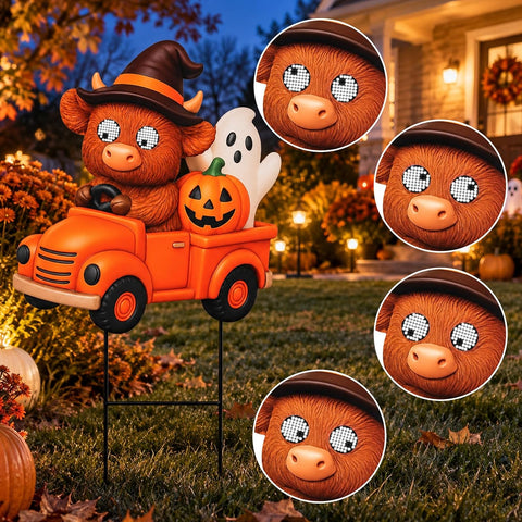 Halloween Highland Cow Solar Yard Stake Light with Moving Eyes, Waterproof Halloween Metal Yard Stake Decorations, Cute Spooky Cow Ghost Pumpkin Truck Garden Decor for Lawn Patio Pathway
