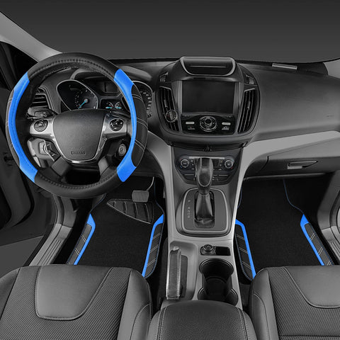 CAR PASS Leather Steering Wheel Cover and Waterproof Car Floor Mats Combo