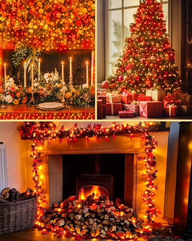 Festive Lights 5m Red Orange Yellow Battery Christmas Fairy Lights – 50 LED Waterproof String Lights with 6-Hour Timer for Christmas Trees, Wreaths, Gardens & Home Decorations