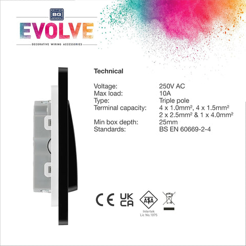 British General Evolve Polished Copper Fan Isolator Switch, 10A, Triple Pole, Rocker