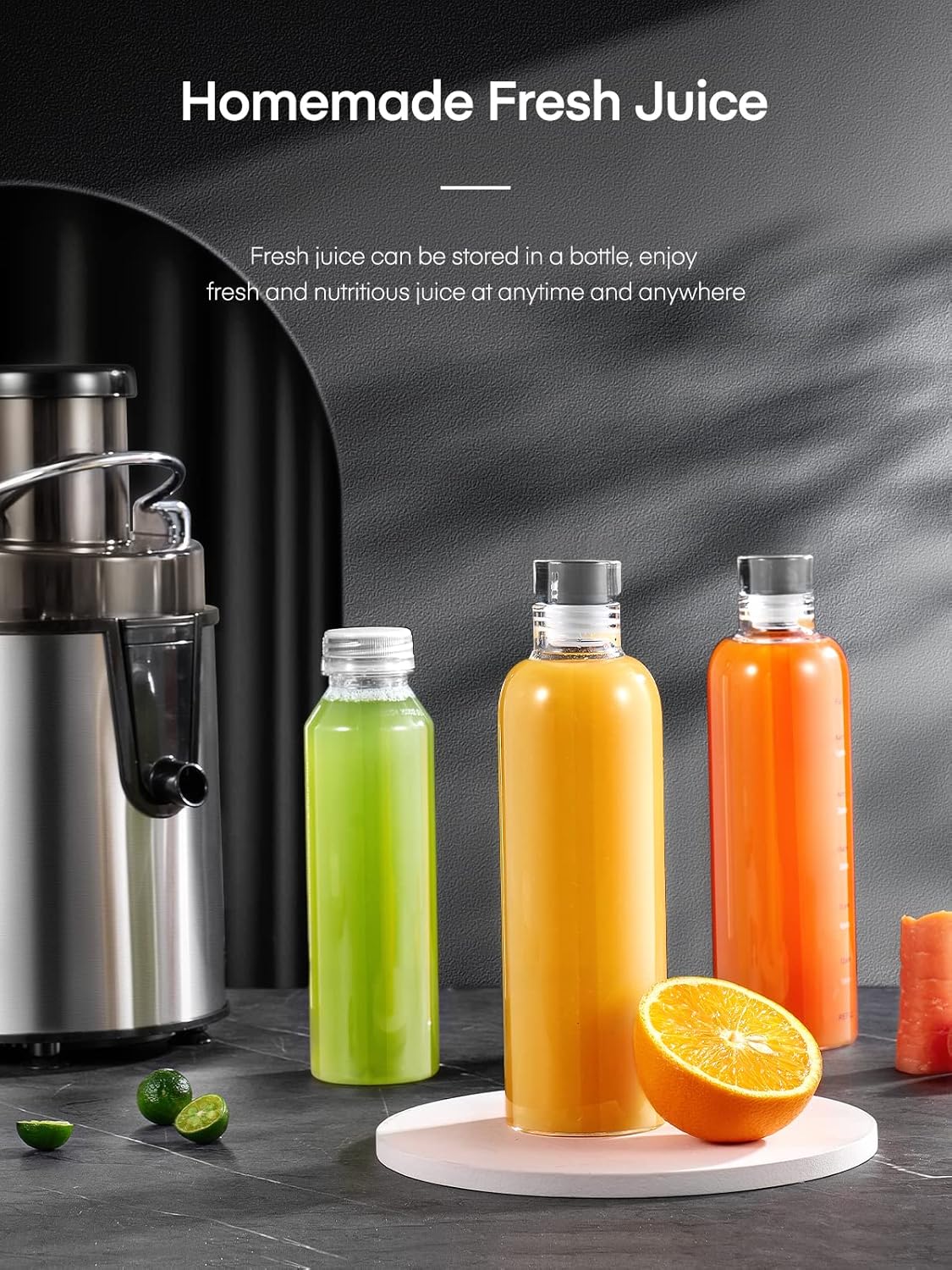 Juicer with bottles of green, orange, and red juice on a dark background
