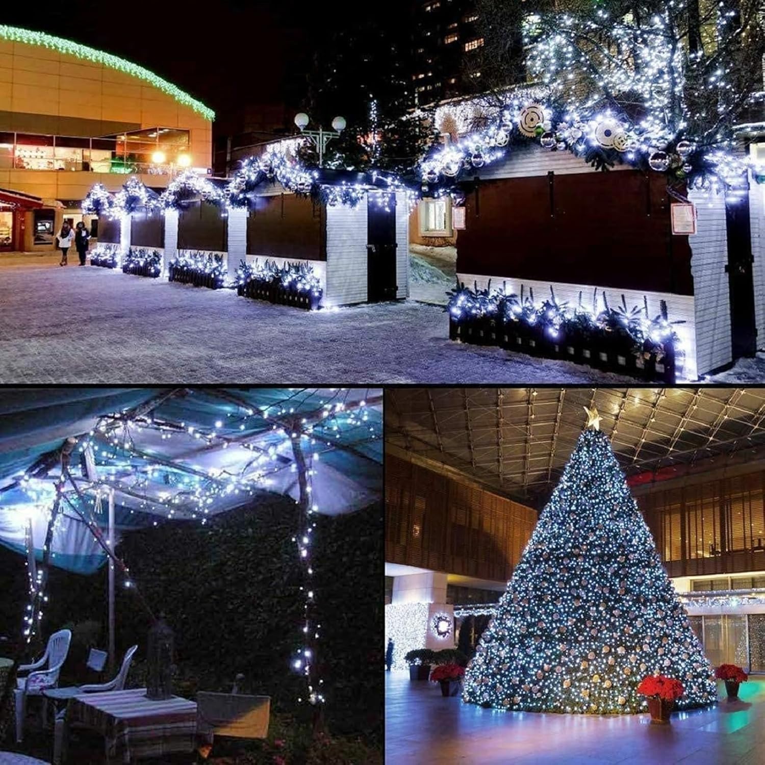 Collage of Christmas decorations including a large tree, string lights, and festive setups.