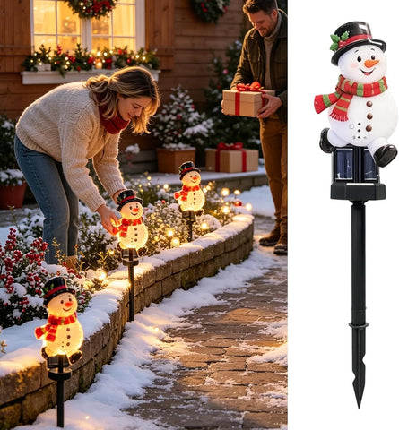 Solar Christmas Snowman Pathway Lights - 2 Piece Weatherproof LED Stake