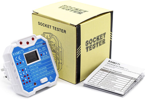 KAIWEETS HT106E Socket Tester UK, RCD Plug Socket Tester Electrical Voltage Tester with LCD Display for Neutral/Live/EarthWire/RCD Testing, CAT II 300V, Includes 7 Visual Indications and Wiring Legend