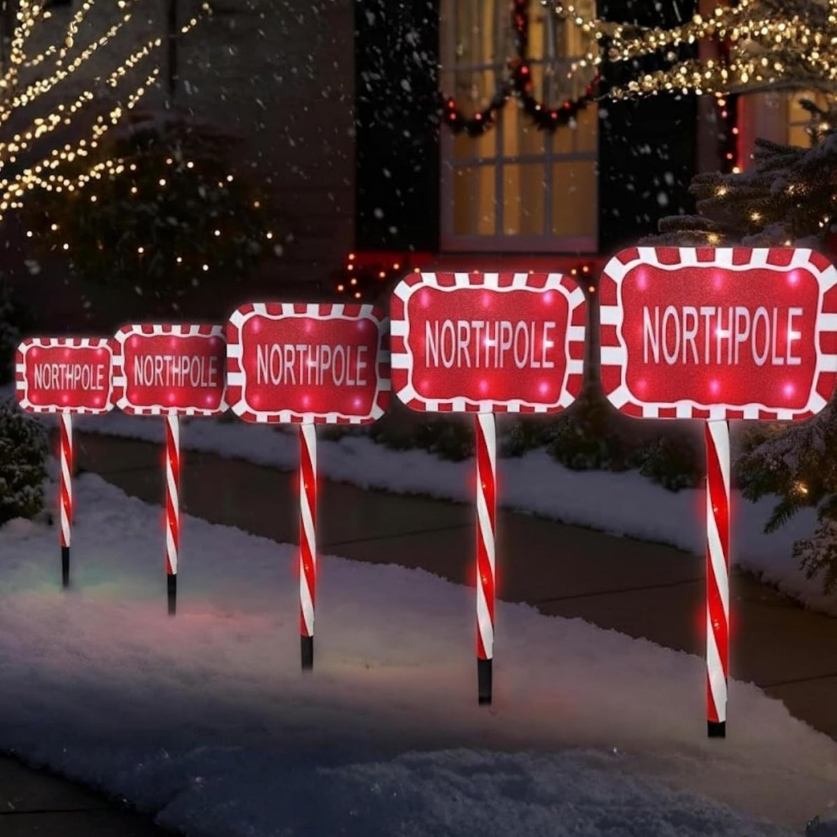 ADEPTNA 5-Piece Pathway Lights – Candy Cane Christmas Decorations Lights | 60 LED Outdoor Pathway Lights with Timer, 8 Modes - Battery Powered Garden Outdoor & Driveway Décor (Northpole)
