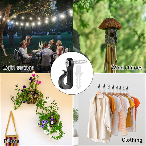 BQMEZRNUS 50 Pack Q-Hanger Screw-In Hooks with Safety Buckles – Black PP and Stainless Steel Hooks for String Lights, Plants, Garden, Garage & Party Decorations