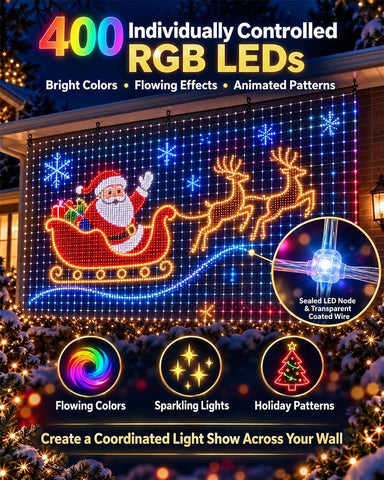 3m x 3m Smart RGB Christmas LED Curtain Lights – 400 LED Outdoor Wall & House Net Lights with App, Remote, Timer & Custom Patterns - Turn Your Home Into a Christmas Light Show