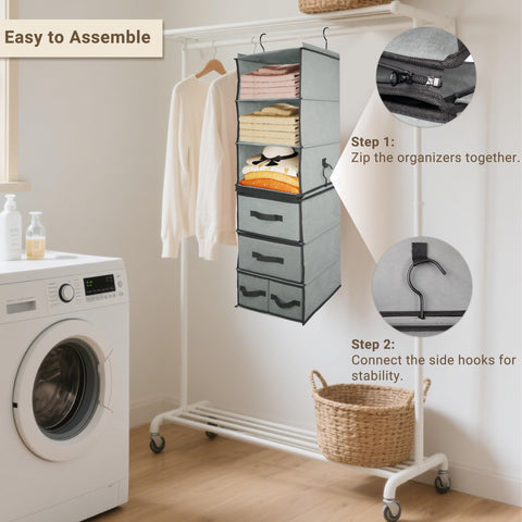 6-Tier Hanging Wardrobe Organiser with 5 Removable Drawers & 3 Side Pockets – Heavy-Duty Fabric Storage Shelves