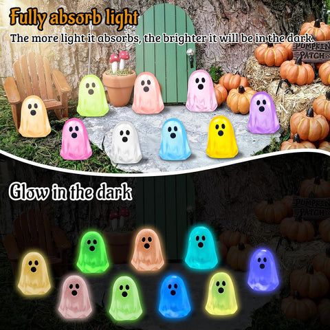 60 Pcs Halloween Luminous Mini Ghost Figures – Glow in the Dark Resin Ghost Decorations for Vases, Fairy Gardens, Shelves & Party Décor