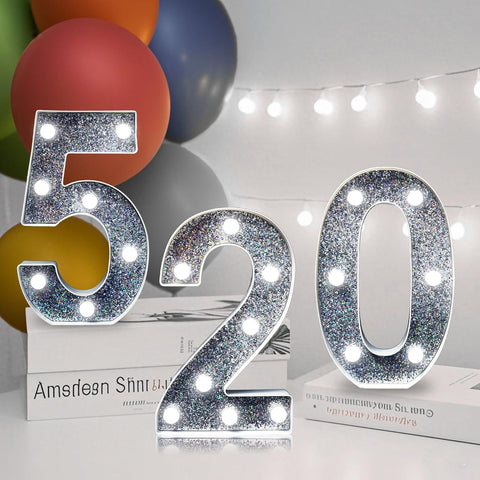 Number 3 Style LED Marquee Lamp, Silver Glitter Light Up Letter Sign, Battery Powered Tabletop Decorative Marquee Light with On/Off Switch for Wedding, Birthday, Party and Home Decor