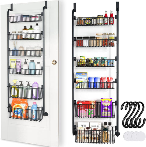 6-Tier Over-the-Door Pantry Organiser, Black Metal Kitchen Storage Rack