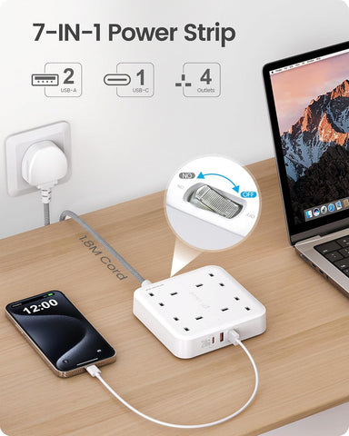 Extension Lead with 4 Way Outlets, 3250W 13A Power Strip, PD 20W USB-C and 2 USB-A QC 3.0, 1.8M Braided Extension Cord, Multi Power Plug Extension for Home and Office, White