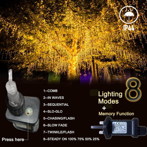 220LED Gresonic Icicle Lights 7.5m Warm White – 8 Modes, Timer & IP44 Outdoor Christmas String Lights - Turn Blank Walls Into a Warm Festive Glow
