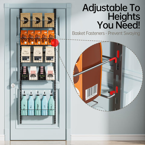 Delamu 8-Tier Over Door Storage Organiser, Adjustable Metal Pantry Shelves, Hanging Spice Rack for Kitchen, Bathroom & Laundry, White