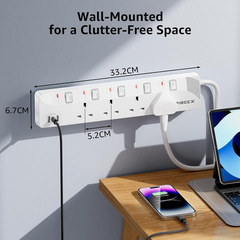 5M Extension Lead with PD 20W USB C, 4 Way Multi Plug Extension Cable with 3 USB Ports, 13A Fused UK Plug, Long Power Cord with Fast Charging USB C, Individual Switches for Home Office Bedroom