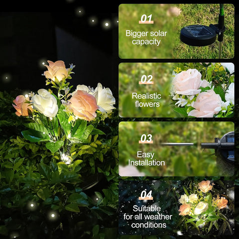 2 Pack Rose Solar Flower Outdoor Lights, Waterproof IP65 Garden Light, Rose Petal Design for Patio, Yard, Fence, Garden Ornament，Mother Birthday Gifts.（Champagne White ）