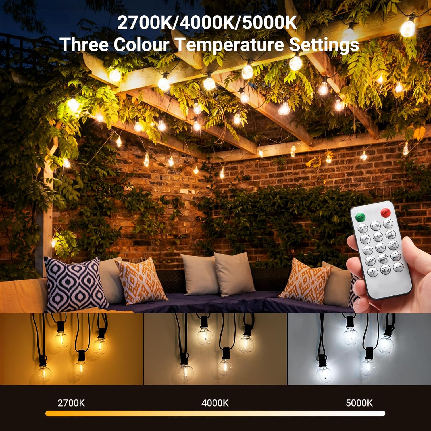 55FT/17M Dimmable Festoon Lights, Warm Neutral Cool White Outdoor Lights, Garden Lights Mains Powered with 20+3pcs G40 LED, IP65 Waterproof String Lights for Garden Balcony
