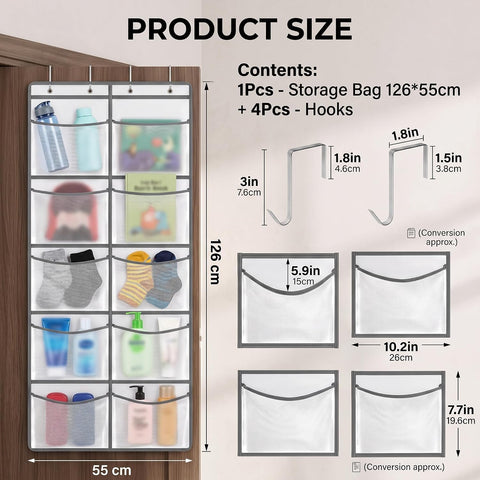 Lyyixbix Hanging Storage Organiser, 10 Extra-Large Mesh Pockets, 126 × 55cm, Grey and White Over Door Shoe Rack with 4 Hooks for Clothes, Toys and Bathroom Essentials
