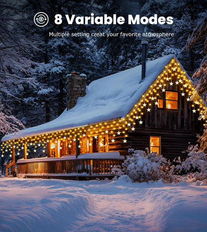ULIGHTOWN 9M Star Icicle Outdoor Christmas Lights – 180 Warm White LEDs, 8 Modes, Timer & IP44 Water Resistant for Eaves, Windows & Festive Decor - Turn Your Home Into a Little Winter Wonderland