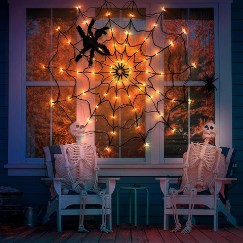 CNMTCCO Halloween Spider Web Lights with Plush Spider – 70 Orange LED Light-Up Cobweb Decoration with Remote Control for Indoor & Outdoor Halloween Parties