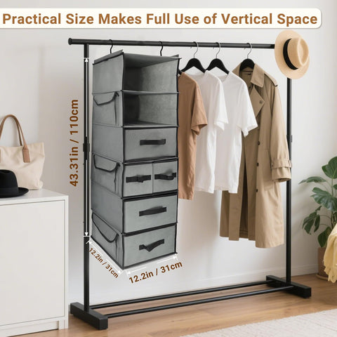 6-Tier Hanging Wardrobe Organiser with 5 Removable Drawers & 3 Side Pockets – Heavy-Duty Fabric Storage Shelves