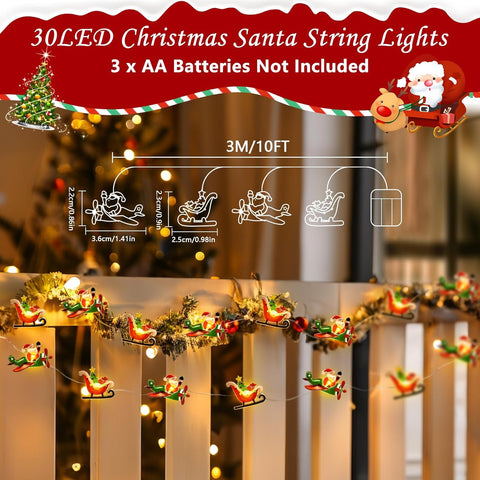 Christmas 10ft 30 LED Santa Sleigh String Lights | Battery Operated Fairy Lights for Indoor & Outdoor Xmas Tree, Window, Patio, Home & Gift Decorations