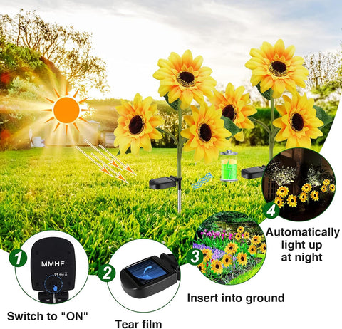 Outdoor Solar Garden Stake Lights,Upgraded LED Solar Powered Light with 3 Sunflower, Waterproof Solar Decorative Lights for Garden, Patio, Backyard (2 Pack)