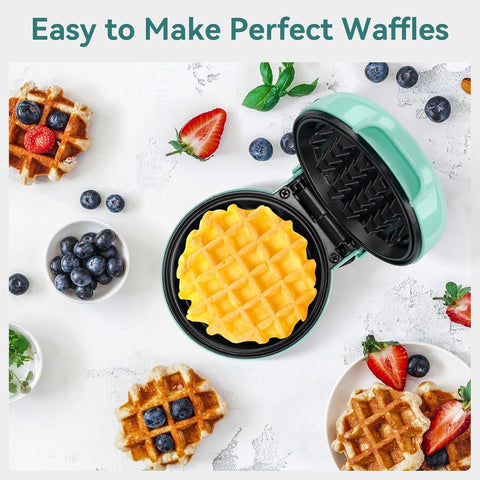 Snailar Mini Waffle Maker – 550W Compact Waffle Iron, Nonstick Coating, Ready Indicator Light, Cool Touch Handle, Easy Clean, Green