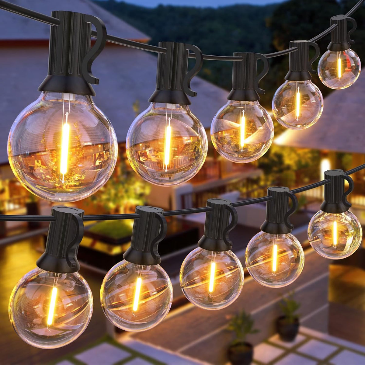 GPATIO 30m (100ft) Mains Powered Outdoor Festoon Garden Lights with 50 Warm White G40 LED Bulbs + 2 Spare Bulbs – IP45 Garden String Lights for Patio, Wedding, Party & Events