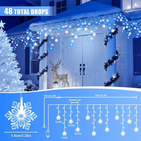 Dalugo 10M Christmas Icicle Lights Outdoor – 240 LED Blue & White Snowflake Lights with 6H Timer, 8 Modes & Memory Function - Make Your Home Glow Like a Winter Wonderland