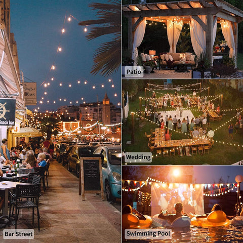 Collage of outdoor settings including a bar street, patio, wedding reception, and swimming pool.