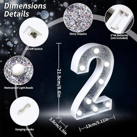 Number 2 Style LED Marquee Lamp, Silver Glitter Light Up Letter Sign, Battery Powered Tabletop Decorative Marquee Light with On/Off Switch for Wedding, Birthday, Party and Home Decor