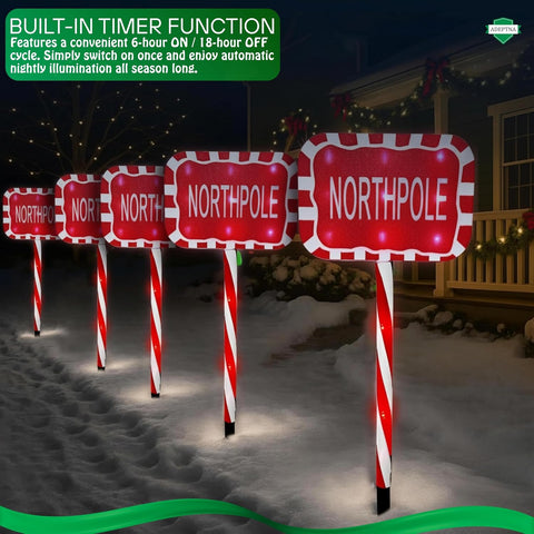 ADEPTNA 5-Piece Pathway Lights – Candy Cane Christmas Decorations Lights | 60 LED Outdoor Pathway Lights with Timer, 8 Modes - Battery Powered Garden Outdoor & Driveway Décor (Northpole)