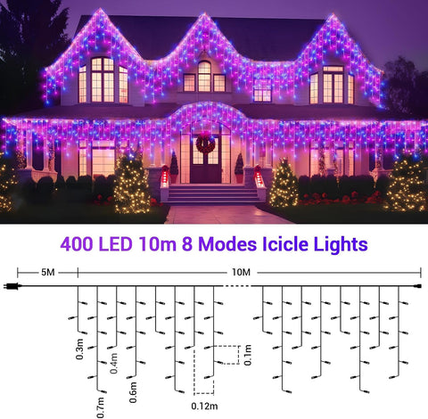 GlobaLink Christmas Icicle Lights 10m 400 LED Blue & Purple – Connectable Outdoor Fairy Lights with 8 Modes, Timer & Memory - Turn Your Roofline Into a Colourful Christmas Display