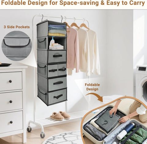6-Tier Hanging Wardrobe Organiser with 5 Removable Drawers & 3 Side Pockets – Heavy-Duty Fabric Storage Shelves