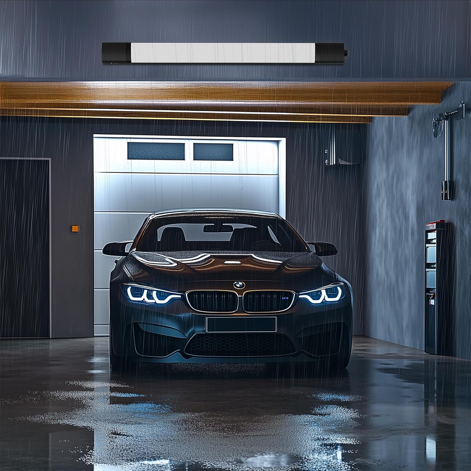 BMW car in a modern garage with wet floor