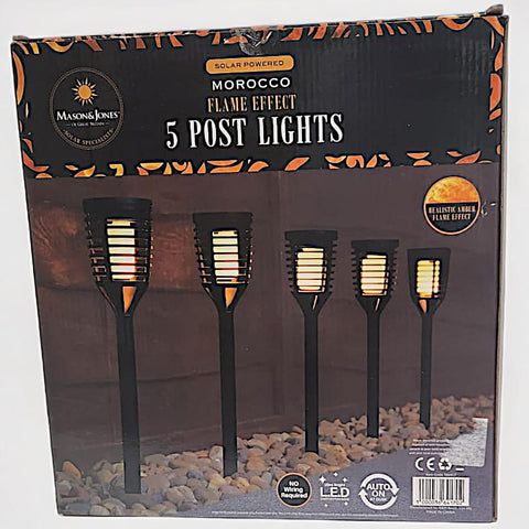 Divas World Solar Powered Morocco Flame Effect LED 5 Post Lights Realistic Amber Flame Ultra Bright for Garden, Patio or Driveways