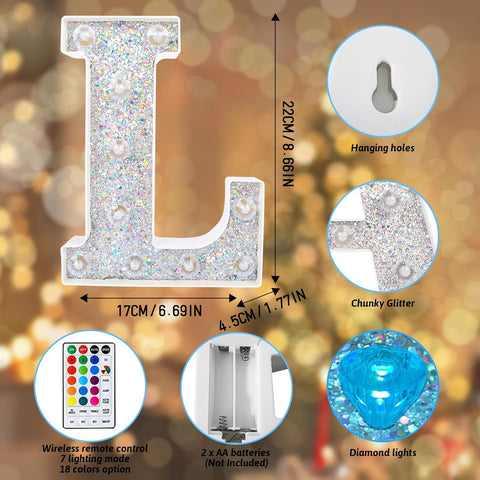 L Style Color Changing LED Letter Light, Glitter Marquee Lamp with 18 Colors, Remote Controlled, Battery Powered Decorative Letter Light for Party, Wedding, Birthday and Home Decor