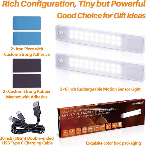 STAR-SPANGLED 8” Rechargeable LED Motion Sensor Lights 2 Pack – 160 Lumen Cordless Under Cabinet Lights for Kitchens, Bedrooms & Storage Spaces - Light Up Dark Corners Without Lifting a Finger