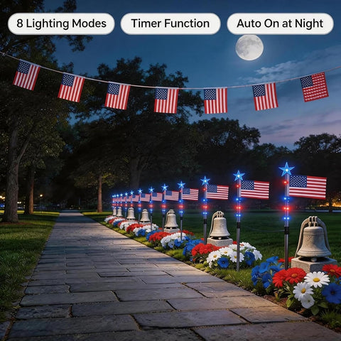 Solar Pathway Lights With American Flag White Blue Lighting