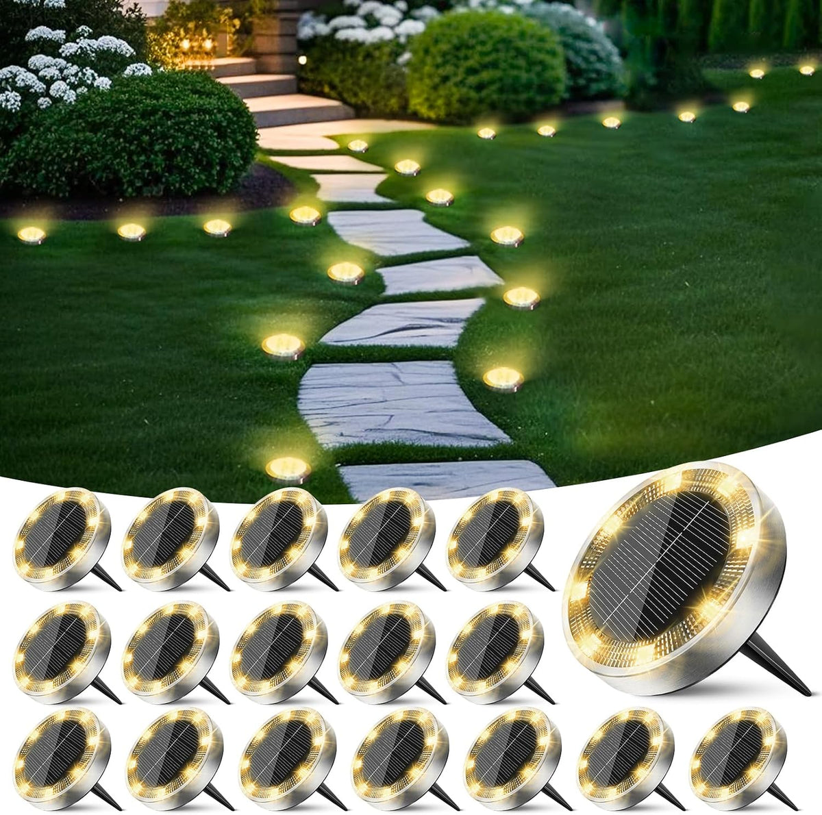 Peasur Solar Ground Lights Outdoor, 18 Pack Flat Solar Powered Disc Lights, IP68 Waterproof, Anti-Rust, Landscape Lighting for Pathway Garden Yard Lawn Walkway Landscape Driveway, Warm White