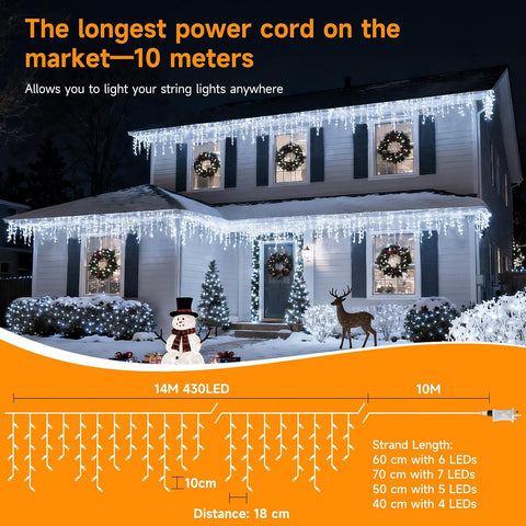 WOWDSGN 430 LED Icicle Lights Outdoor 14M Cool White Christmas Lights – 8 Modes, Timer & IP44 Waterproof Drops for Roofs, Gardens & Windows - Turn Your Home Into a Winter Wonderland