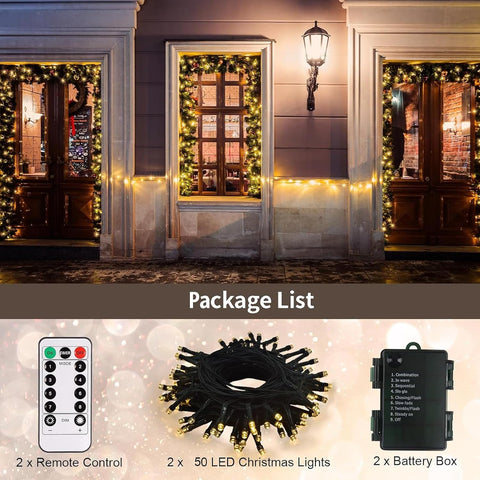 2 Pack Cool White Battery Fairy Lights 5M 50 LED Green Wire with Remote