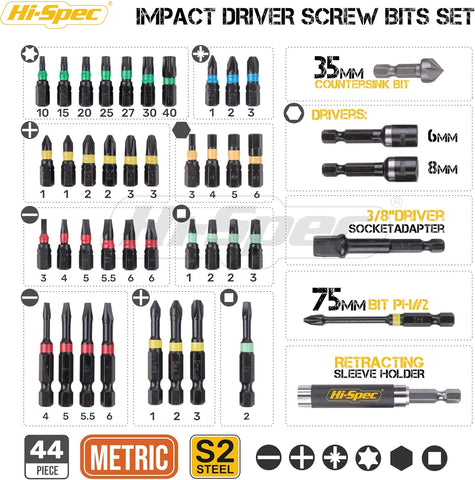 Hi-Spec 44Pc Impact Drill Driver Screw Bit Set S2 Steel Hex Torx PZ PH Nut Driver Kit – 1/4" Hex Shank Heavy Duty Screwdriver Bits In Compact Case