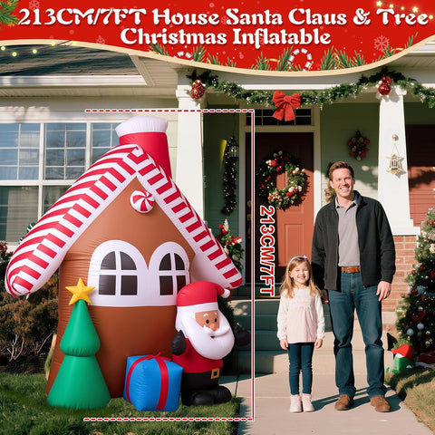 7FT Inflatable Christmas House with Santa Claus & Tree, Built-in LED Lights, Durable Outdoor Inflatable Xmas Decoration for Garden, Lawn, Patio & Holiday Parties